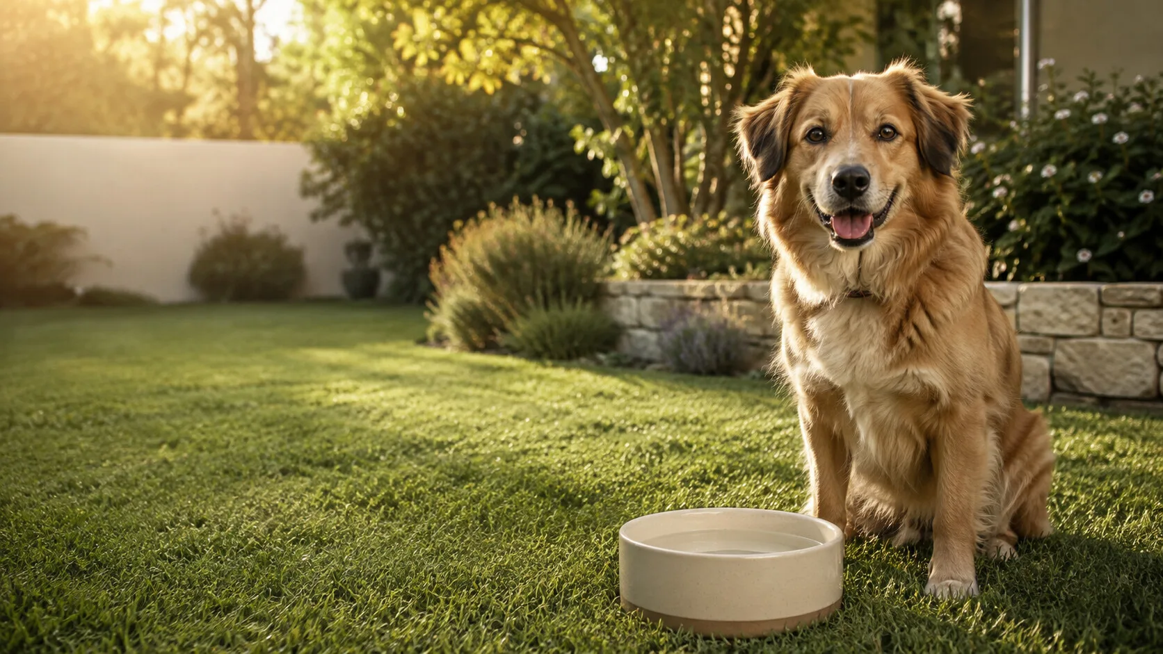 A dog sitting beside a water bowl on a sunlit backyard lawn