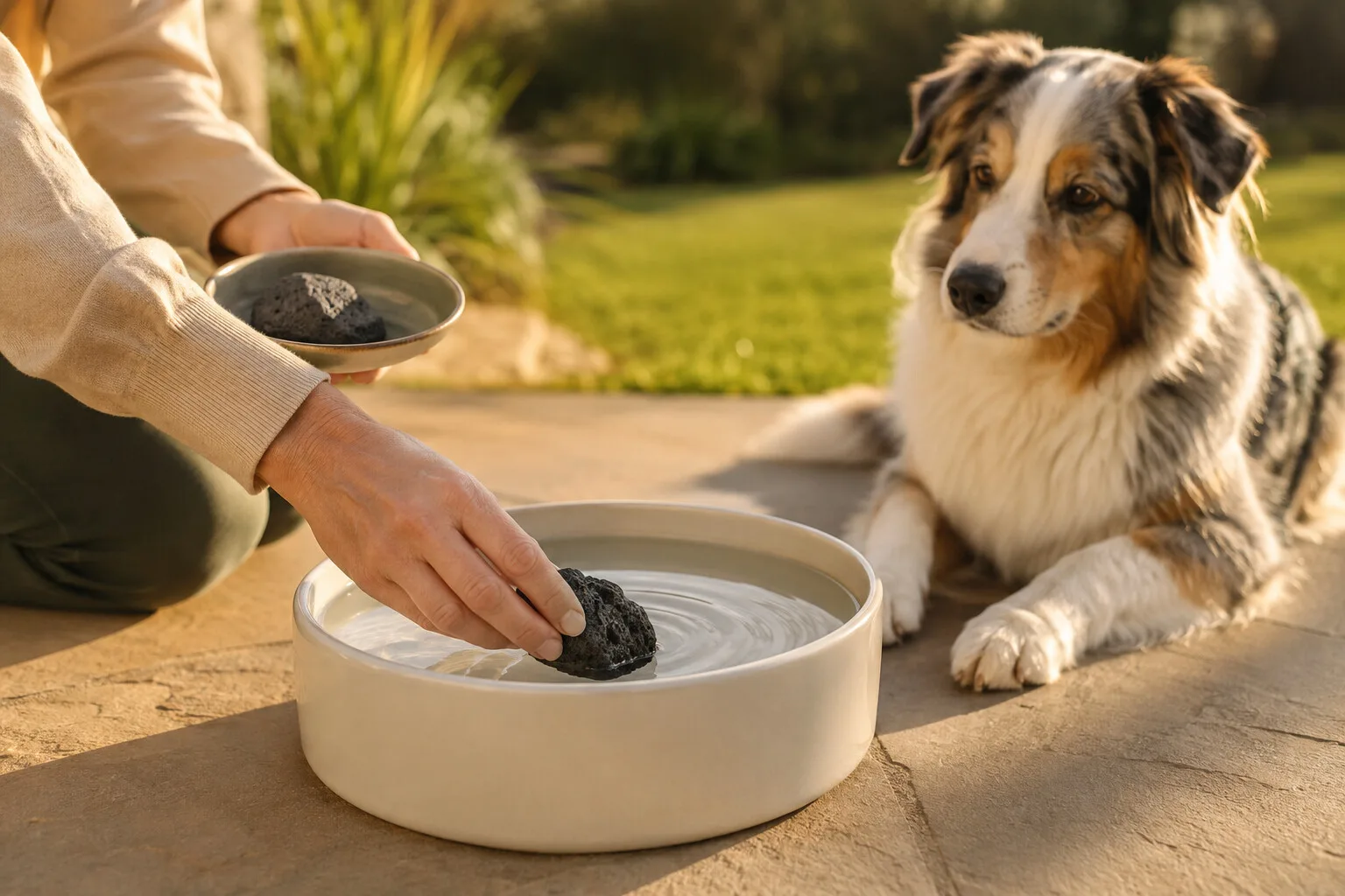 A person placing mineral rocks into a dog water bowl while a dog waits nearby